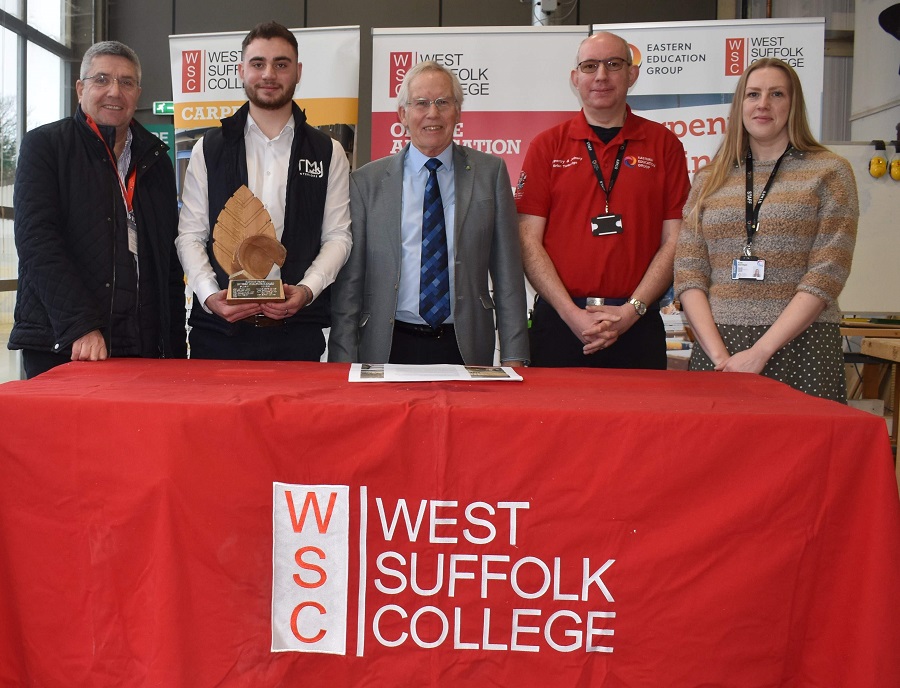 Pat Coll and Ryan Fosker from TMJ Interiors Geoff Rhodes IOC President with Brian Tunbridge and Kate Barnham from West Suffolk College at the prizegiving ceremony