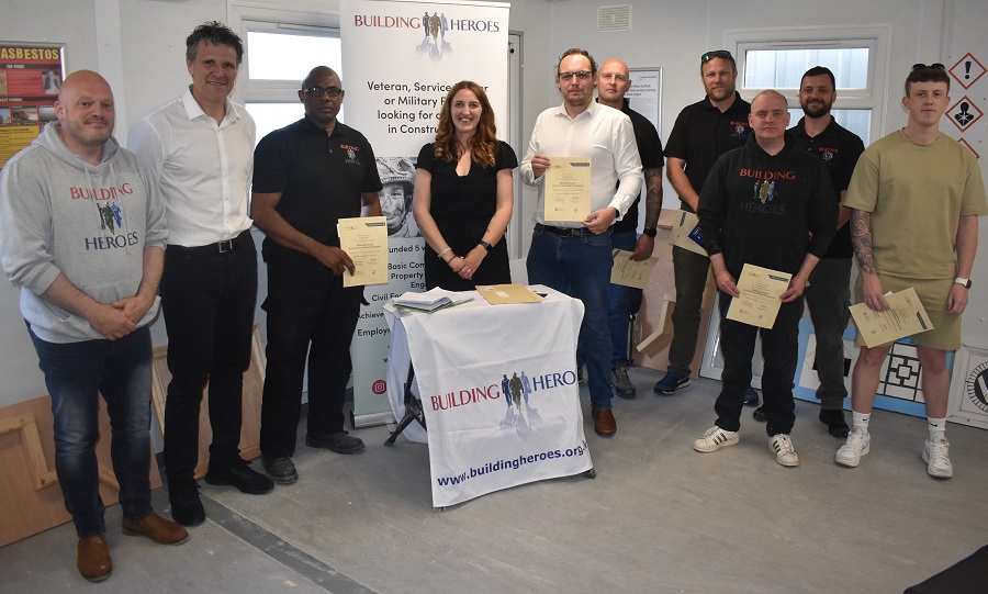 Graduates from the Building Heroes scheme with James Cracknell and represntatives from West Suffolk College and Eastern Education Group as well as Building Heroes