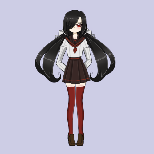 an animated character with long black hair
