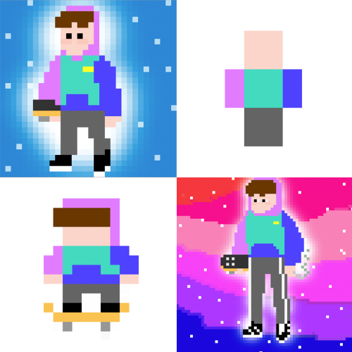 four different styles of a character with a multi-coloured hoodie and a skateboard