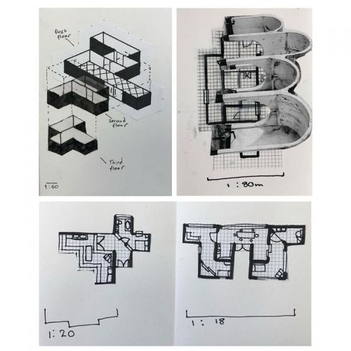 Photo of 4 images, blueprints for a building
