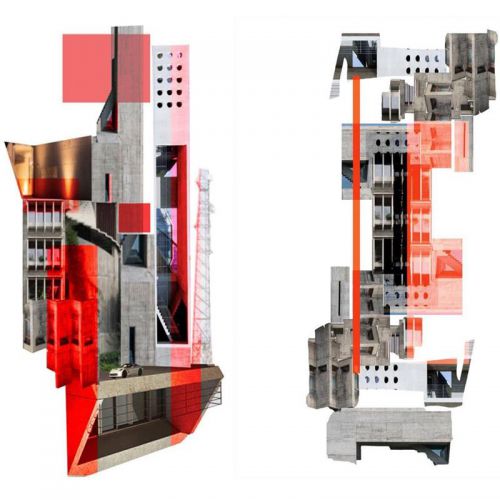 Photo of two images, similar to two highrise buildings made out of off cut images
